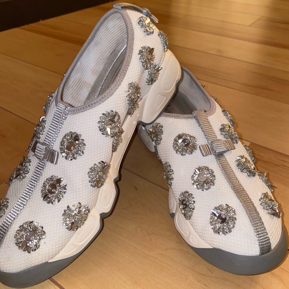 Christian Dior White Silver Crystal Embellishments Sneakers Size 9 Women